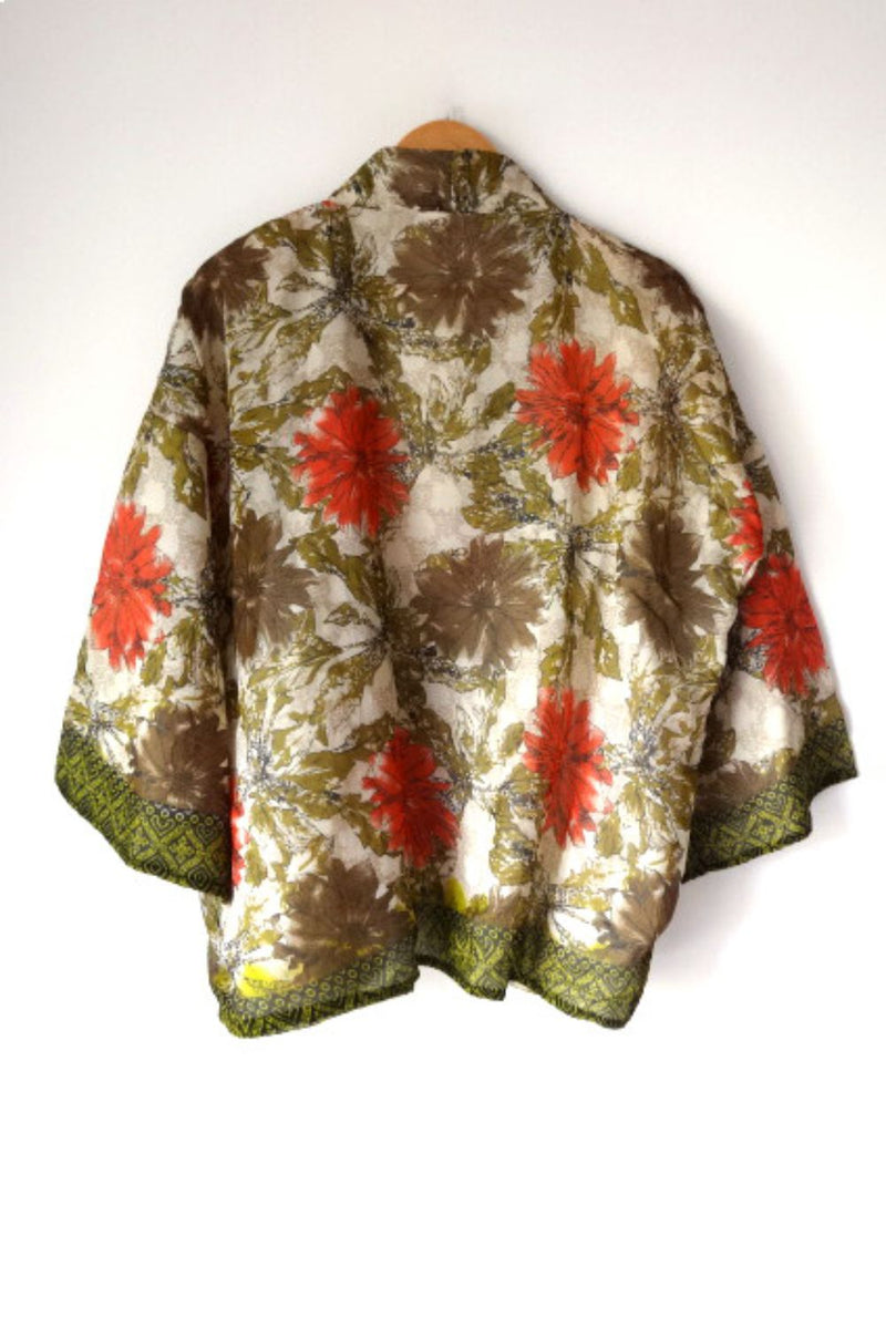 Asian In Me | Georgette Unisex Green-Orange Floral Kimono Jacket| Yoru-kimono