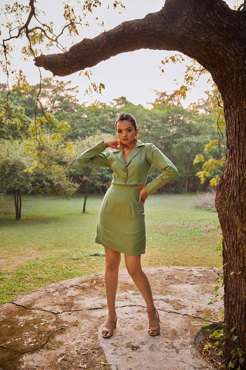 The Conscious Closet Spanish Green Spanish Cut-Out Blazer Dress