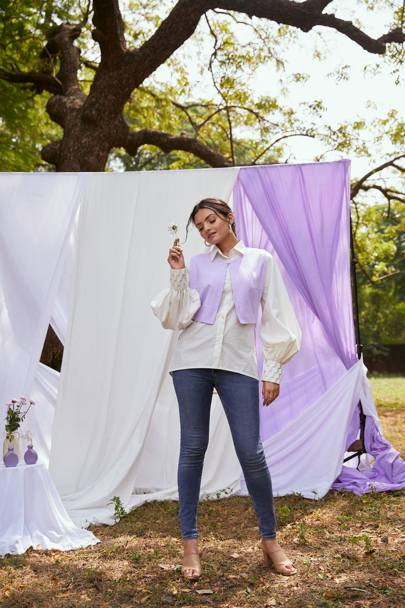 The Conscious Closet White and Cold Purple Into The Cold Shirt Set