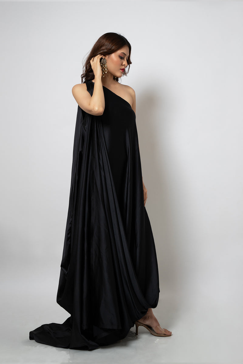 Emotive Fashion Women's Black One Shoulder Zero Waste Dress