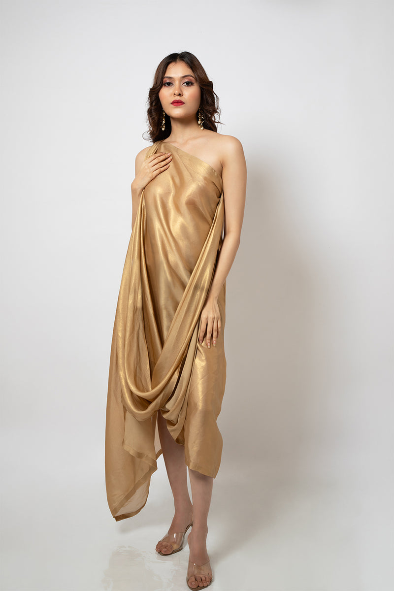 Emotive Fashion Women's Zero Waste Gold Shimmer Georgette Dress