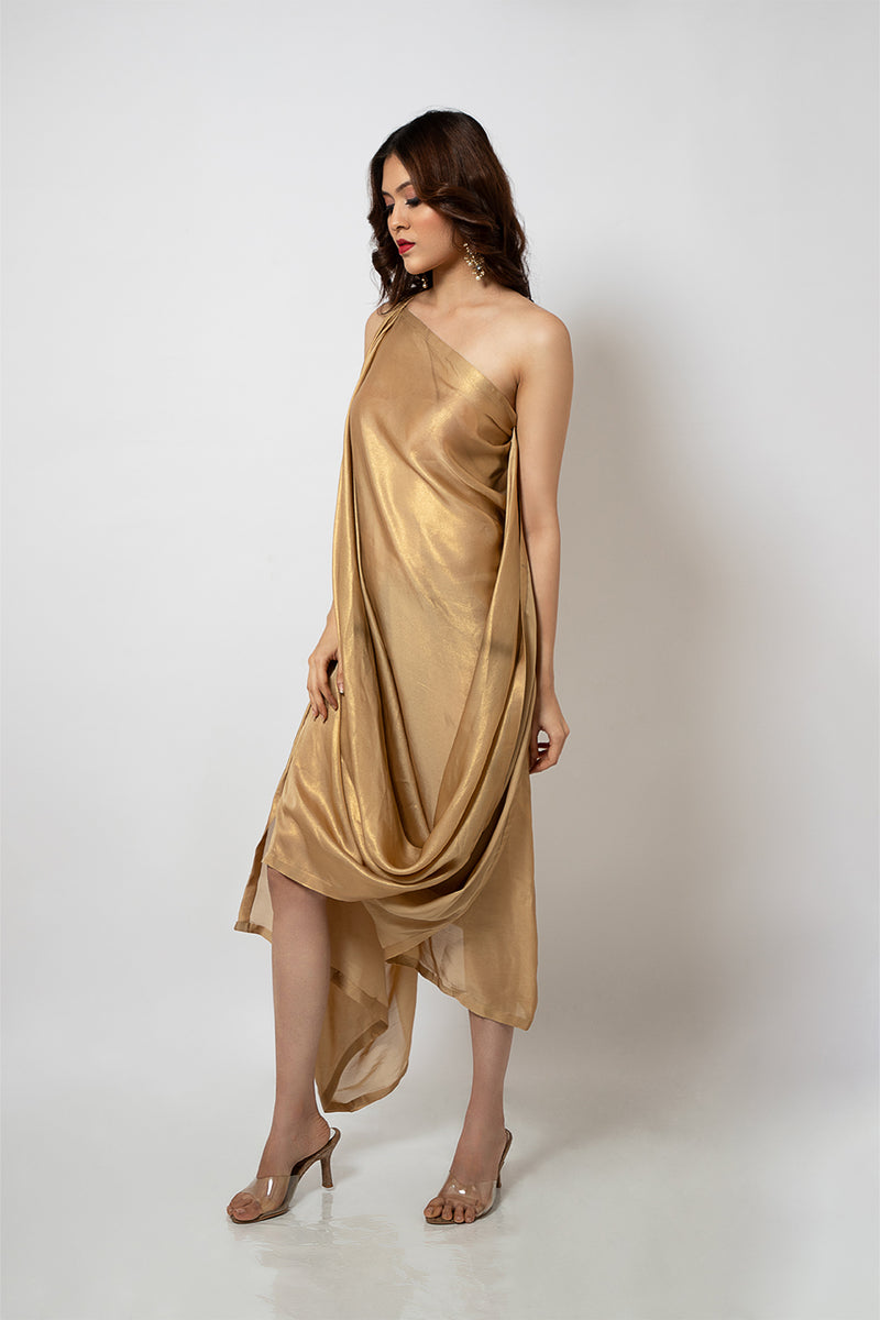 Emotive Fashion Women's Zero Waste Gold Shimmer Georgette Dress