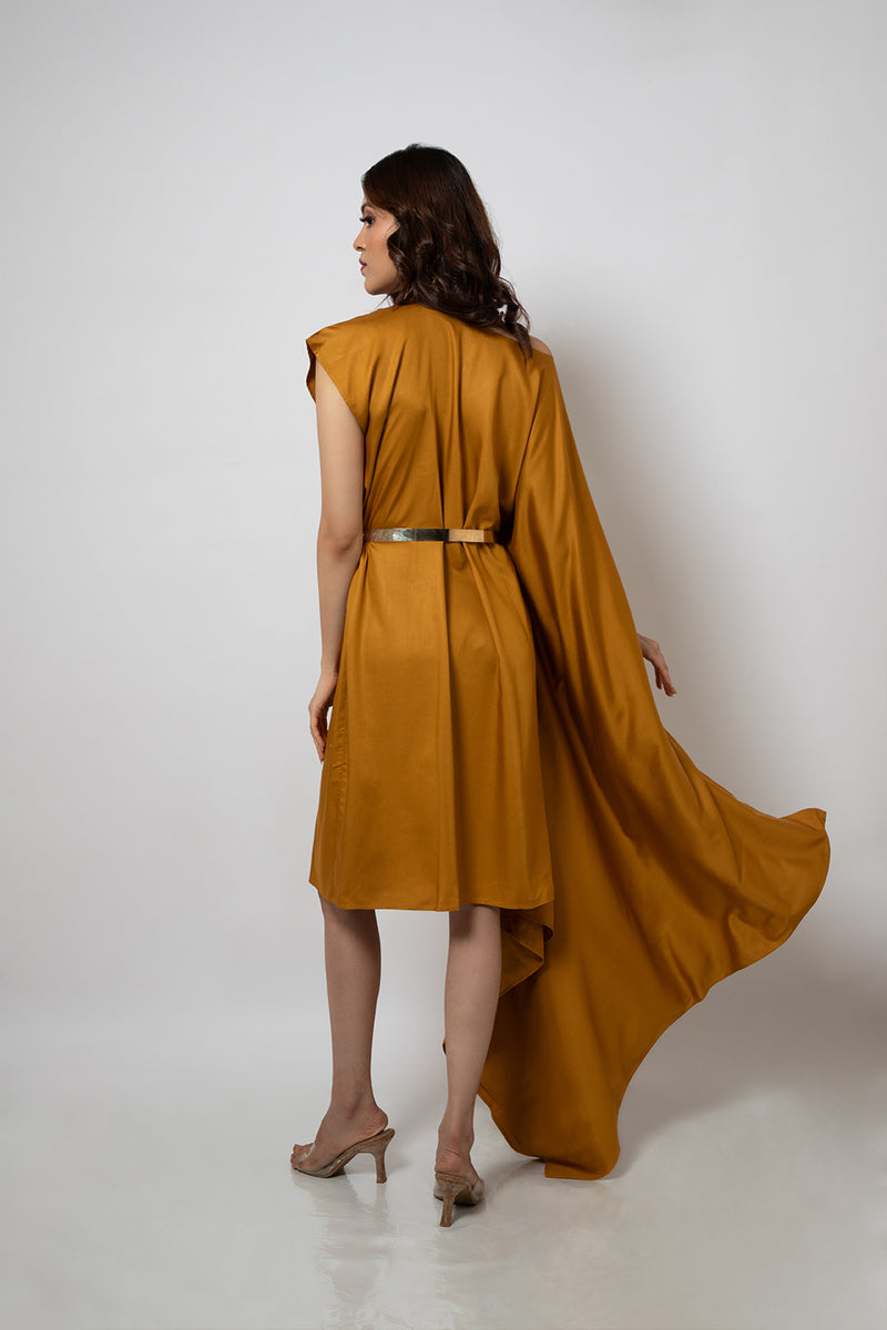 Emotive Fashion Asymmetrical Mustard Zero Waste Cotton Blend Dress