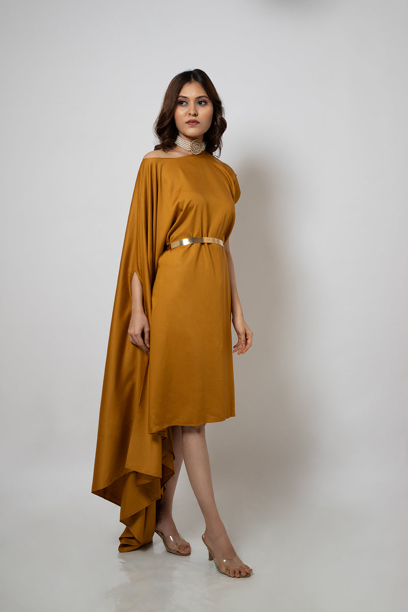 Emotive Fashion Asymmetrical Mustard Zero Waste Cotton Blend Dress