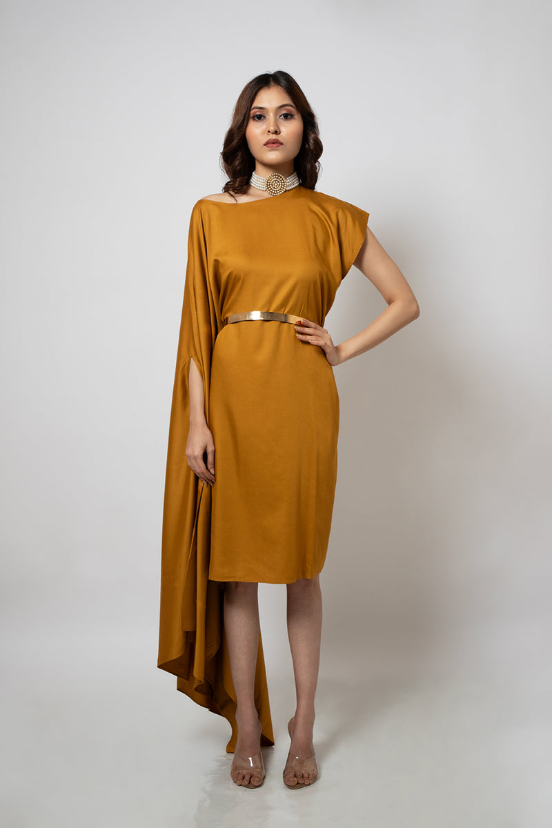 Emotive Fashion Asymmetrical Mustard Zero Waste Cotton Blend Dress