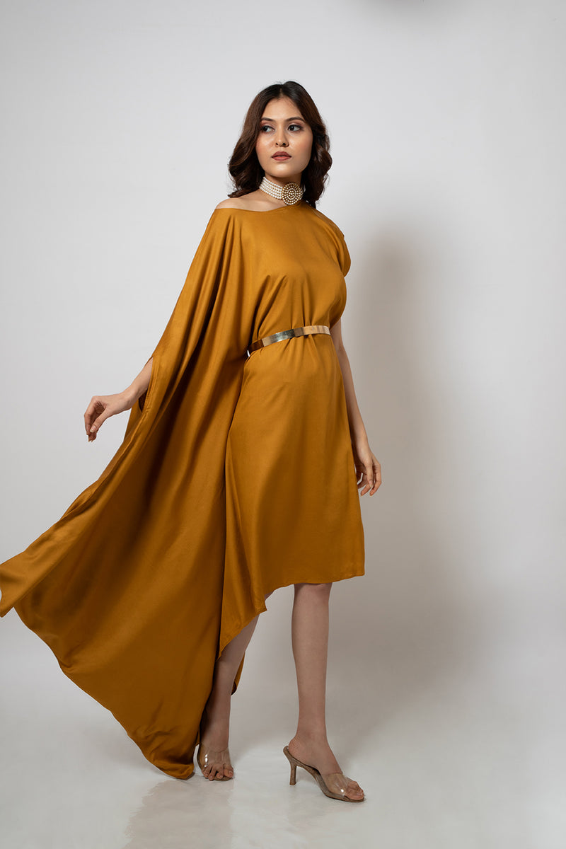 Emotive Fashion Asymmetrical Mustard Zero Waste Cotton Blend Dress