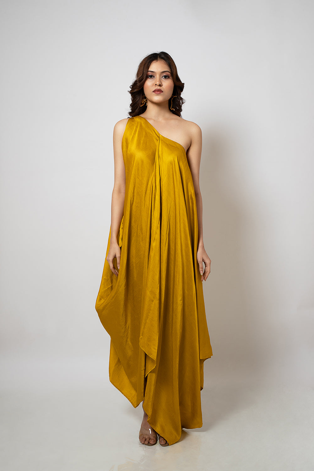mustard yellow dress for women Emotive Fashion A Zero Waste One Shoulder Mustard Yellow Dress