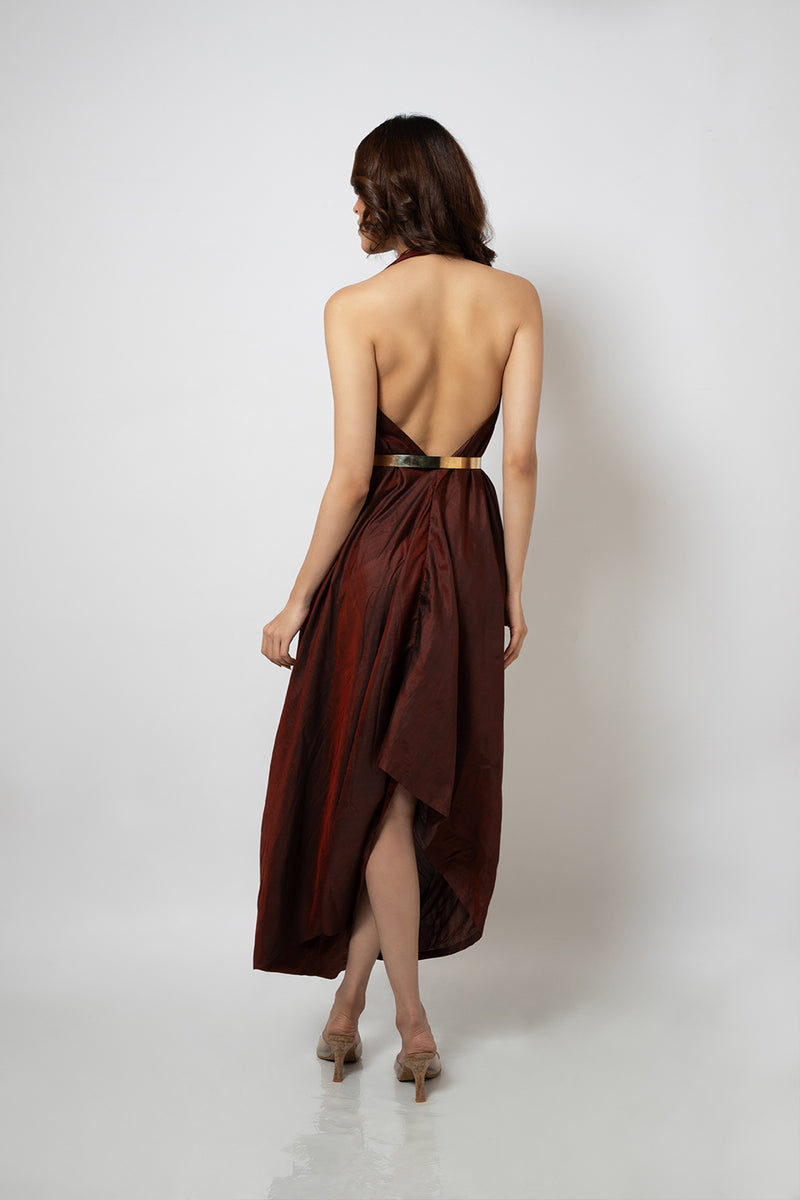 Emotive Fashion Maroon Zero Waste Halter Neck Silk Blend Dress