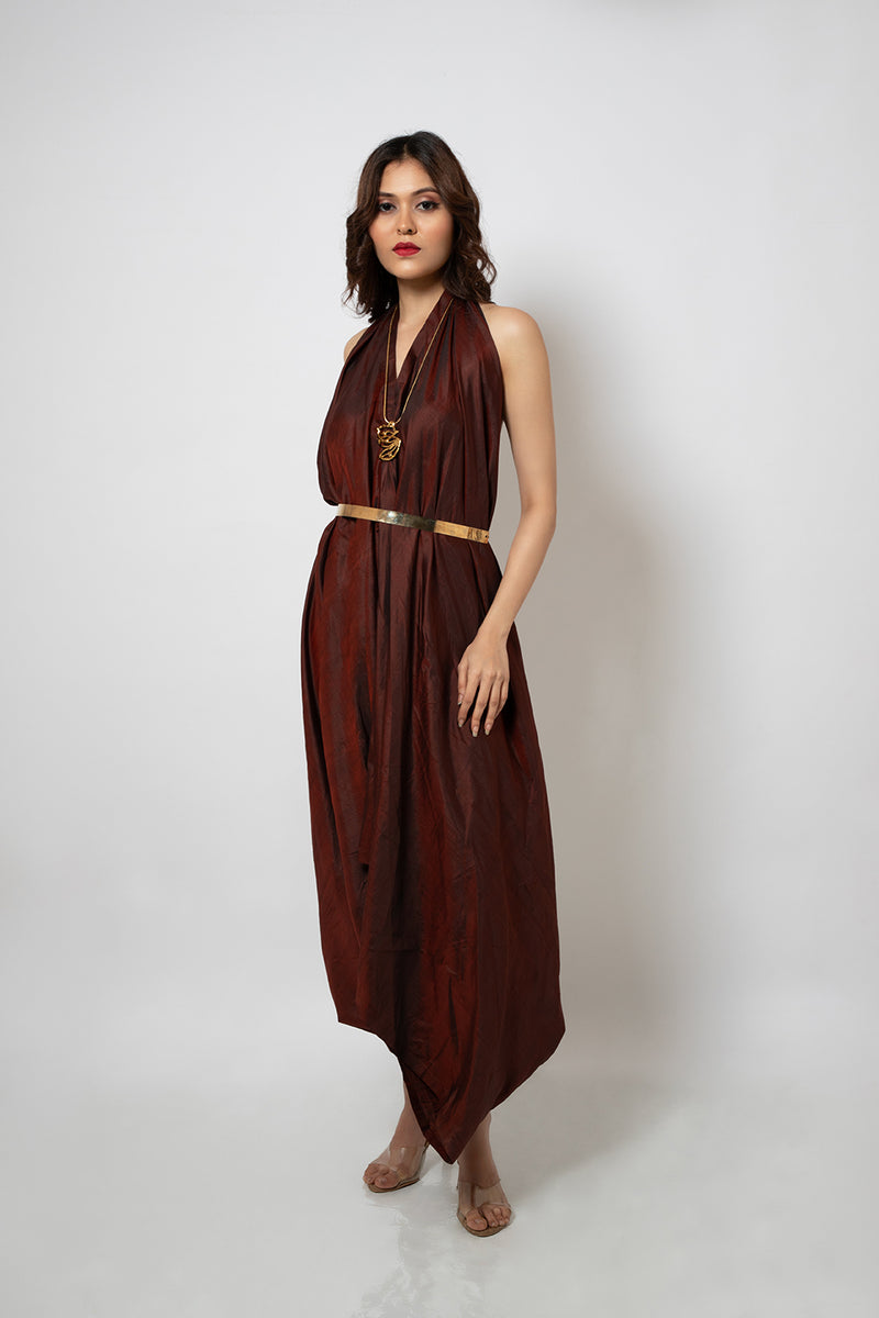 Emotive Fashion Maroon Zero Waste Halter Neck Silk Blend Dress