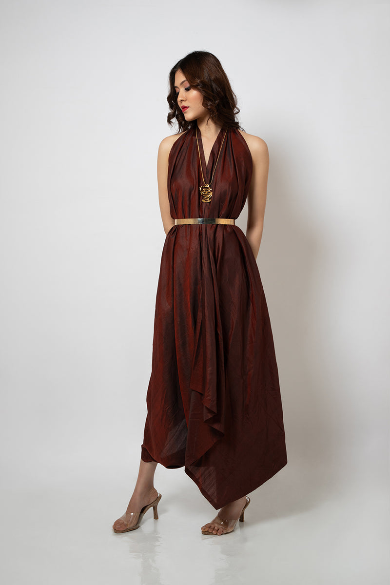 Emotive Fashion Maroon Zero Waste Halter Neck Silk Blend Dress