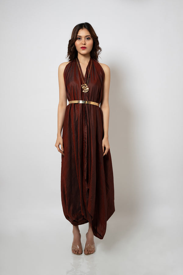 Emotive Fashion Maroon Zero Waste Halter Neck Silk Blend Dress