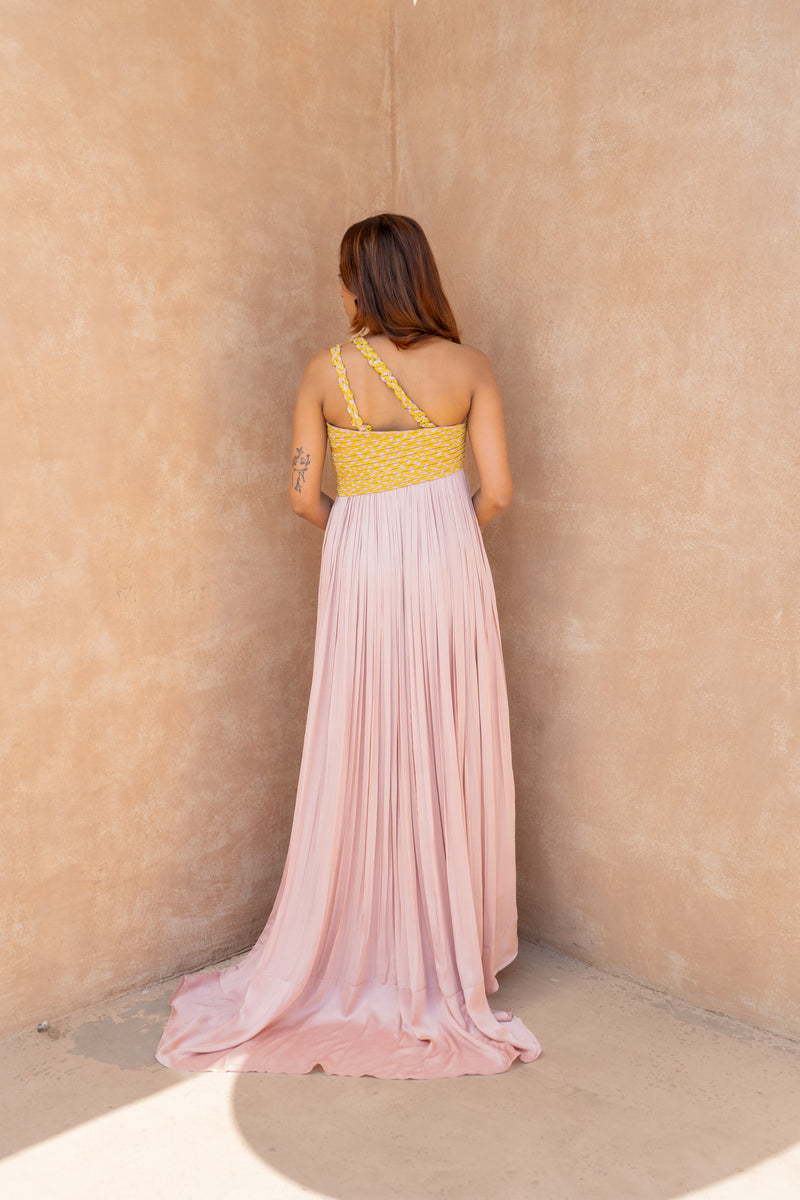 Neora by Nehal Chopra Pink-Yellow Braided Bustier Gather Gown