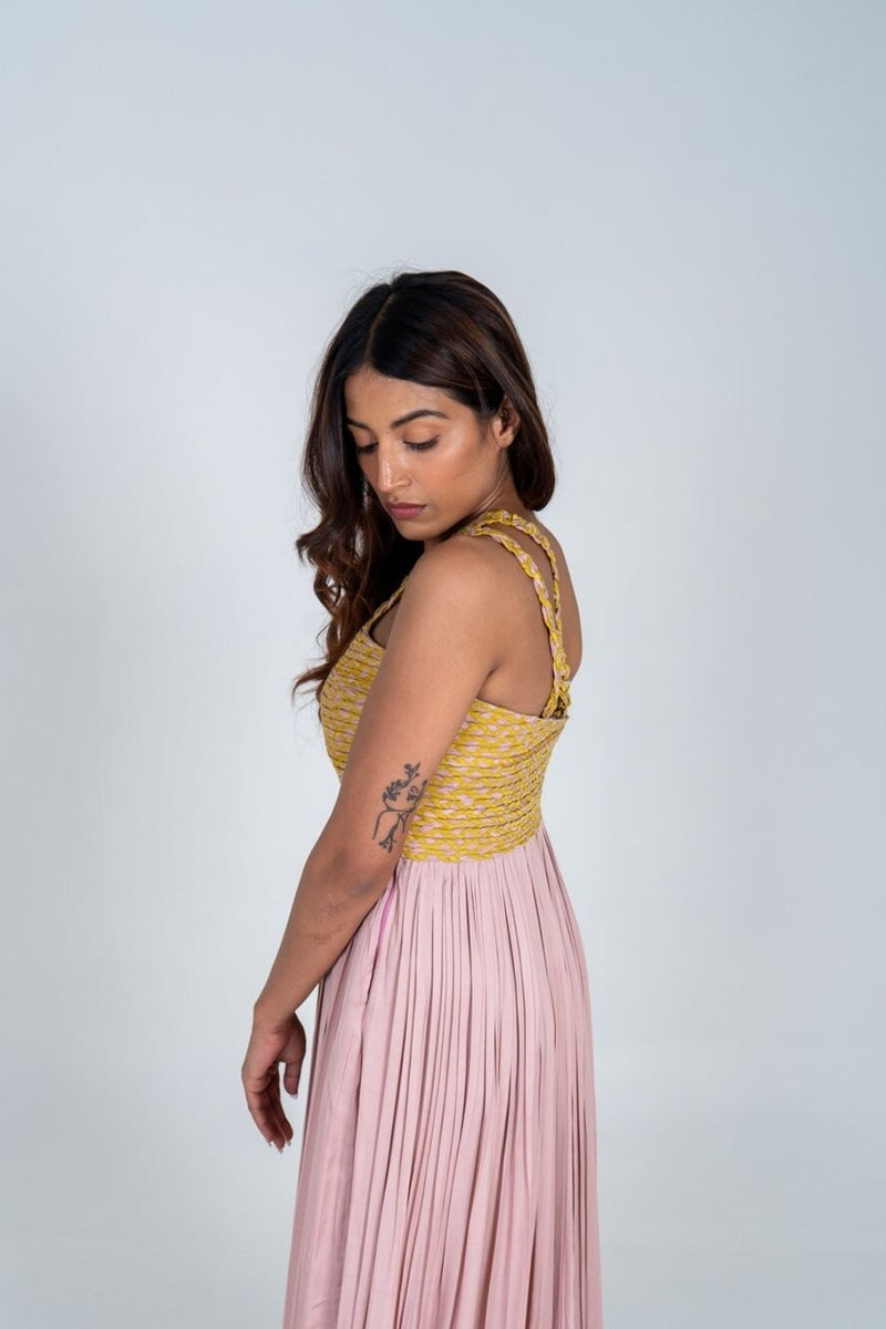 Neora by Nehal Chopra Pink-Yellow Braided Bustier Gather Gown