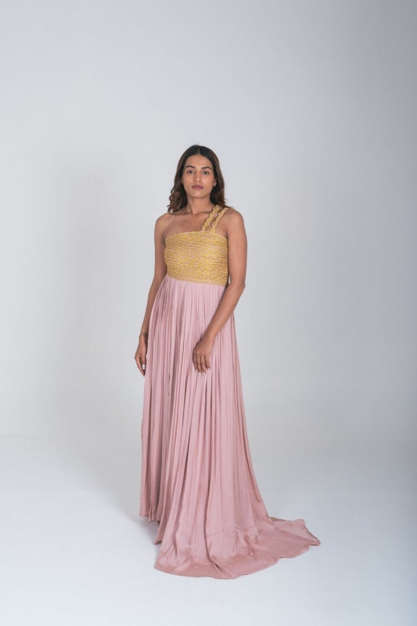 Neora by Nehal Chopra Pink-Yellow Braided Bustier Gather Gown