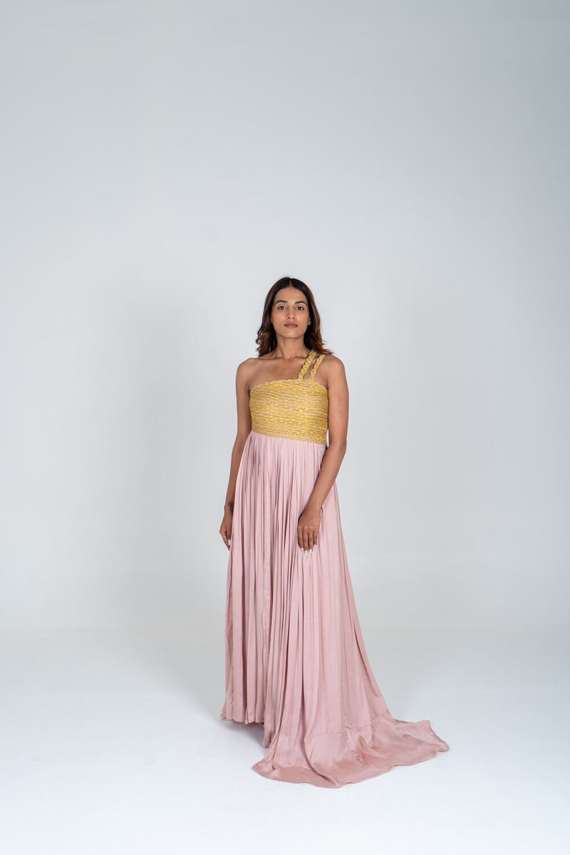 Neora by Nehal Chopra Pink-Yellow Braided Bustier Gather Gown