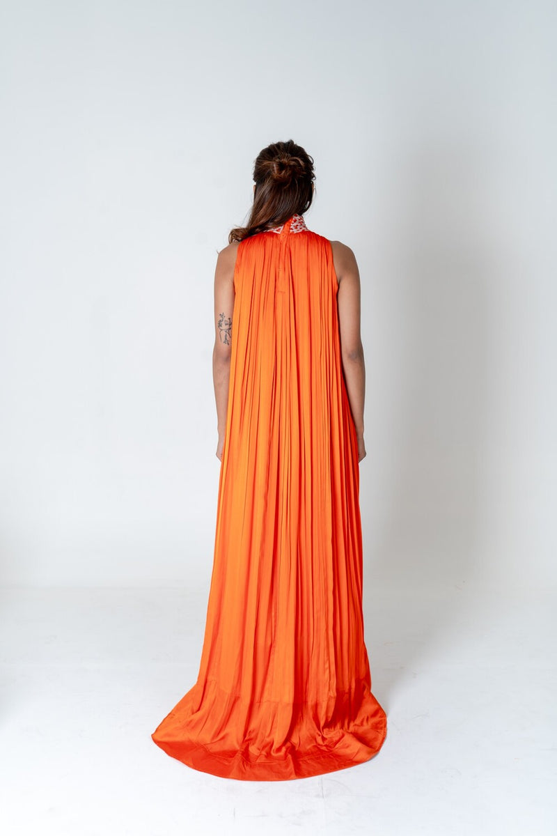 Neora by Nehal Chopra Orange-Pink Braided Halter Neck Gather Gown