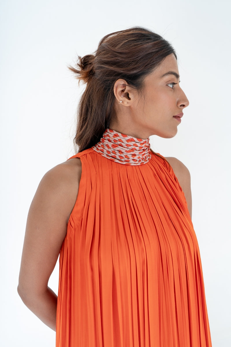 Neora by Nehal Chopra Orange-Pink Braided Halter Neck Gather Gown