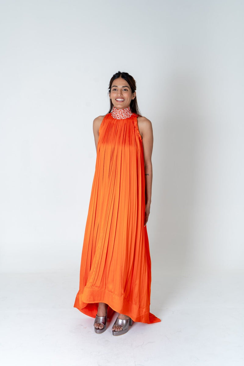 Neora by Nehal Chopra Orange-Pink Braided Halter Neck Gather Gown