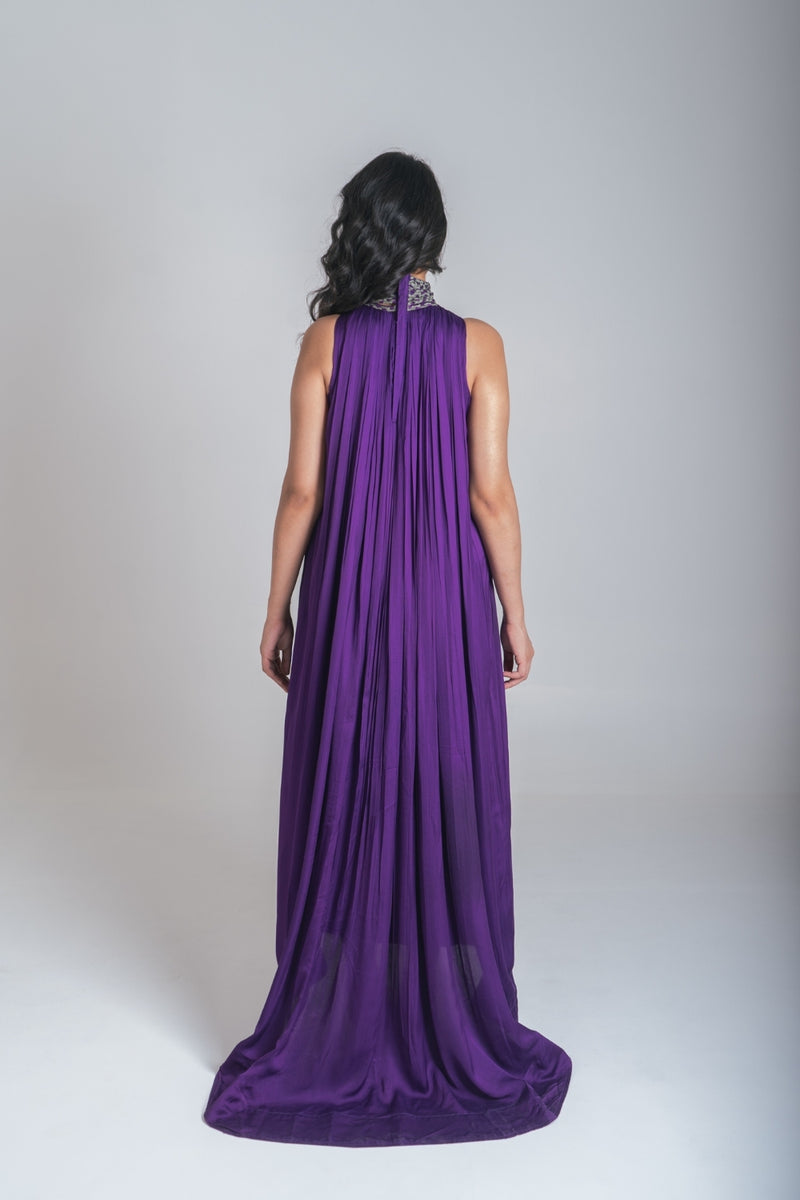 Neora by Nehal Chopra Purple-Green Braided Halter Neck Gather Gown