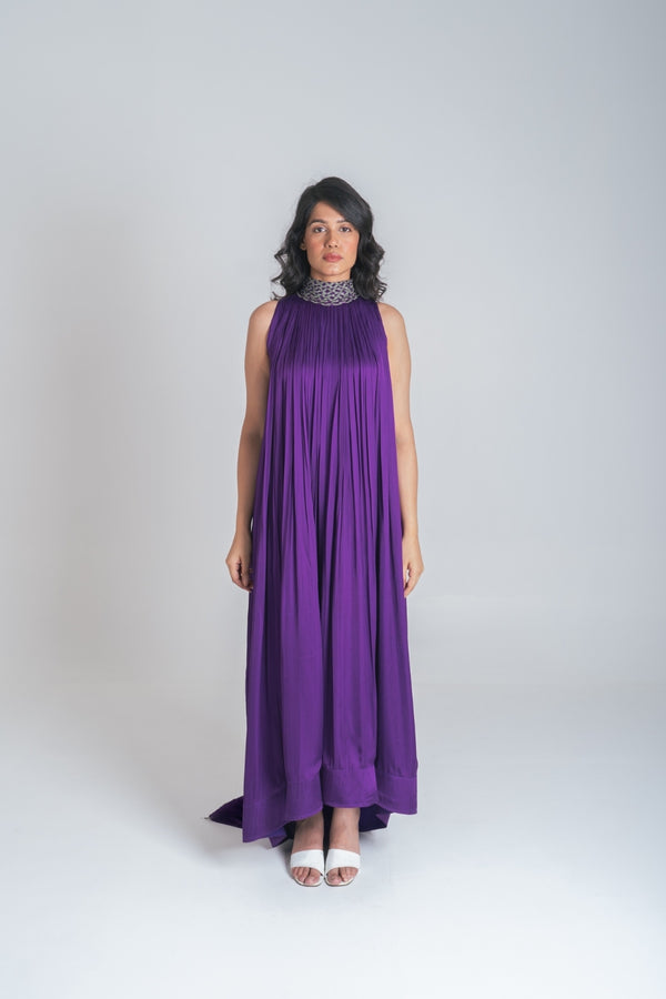 Neora by Nehal Chopra Purple-Green Braided Halter Neck Gather Gown