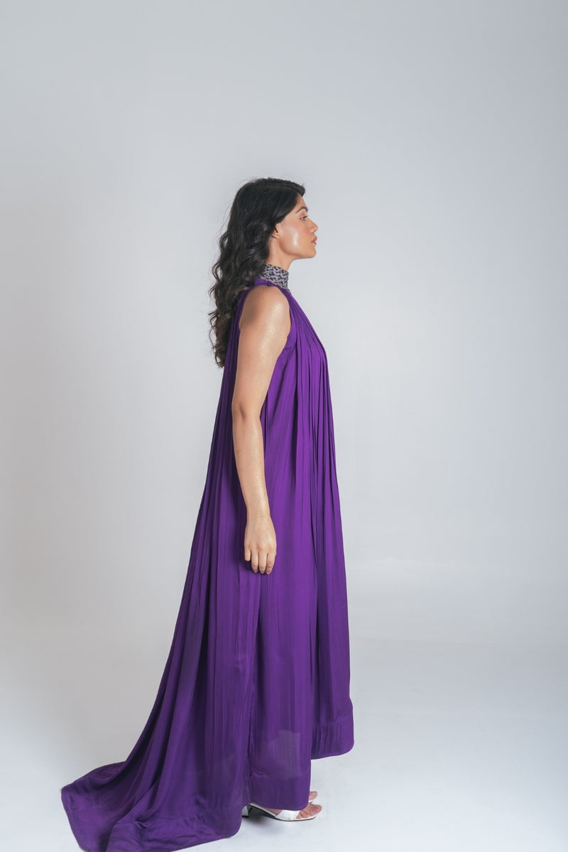 Neora by Nehal Chopra Purple-Green Braided Halter Neck Gather Gown