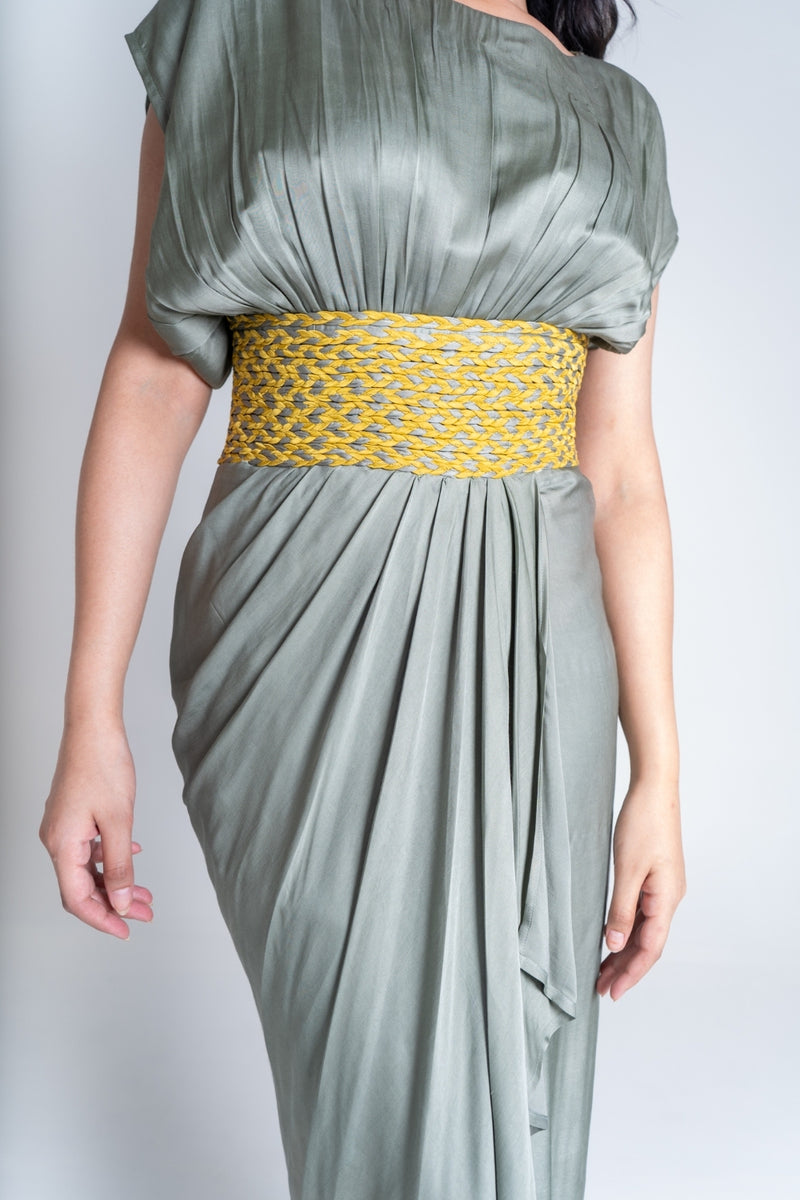 Neora by Nehal Chopra Green-Yellow Braided Cocktail Gown