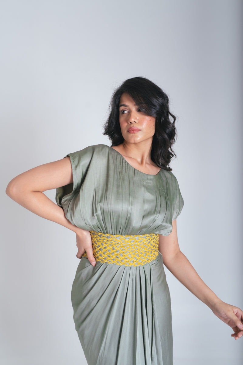 Neora by Nehal Chopra Green-Yellow Braided Cocktail Gown