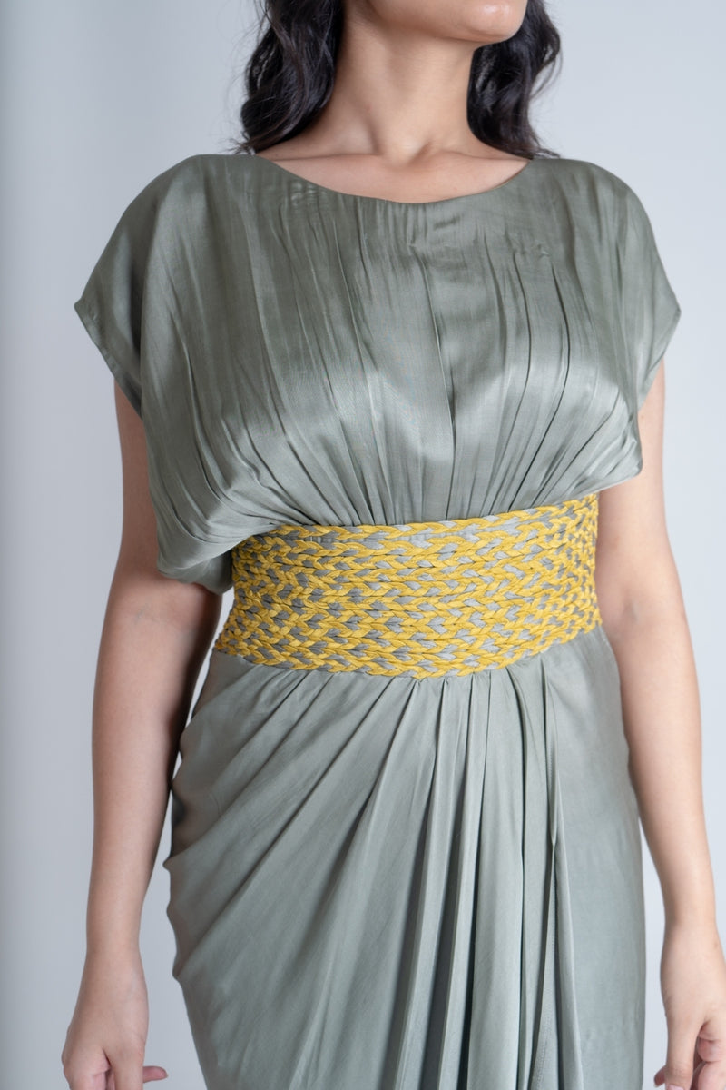 Neora by Nehal Chopra Green-Yellow Braided Cocktail Gown