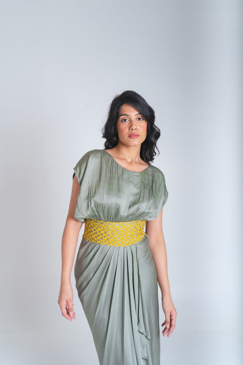 Neora by Nehal Chopra Green-Yellow Braided Cocktail Gown