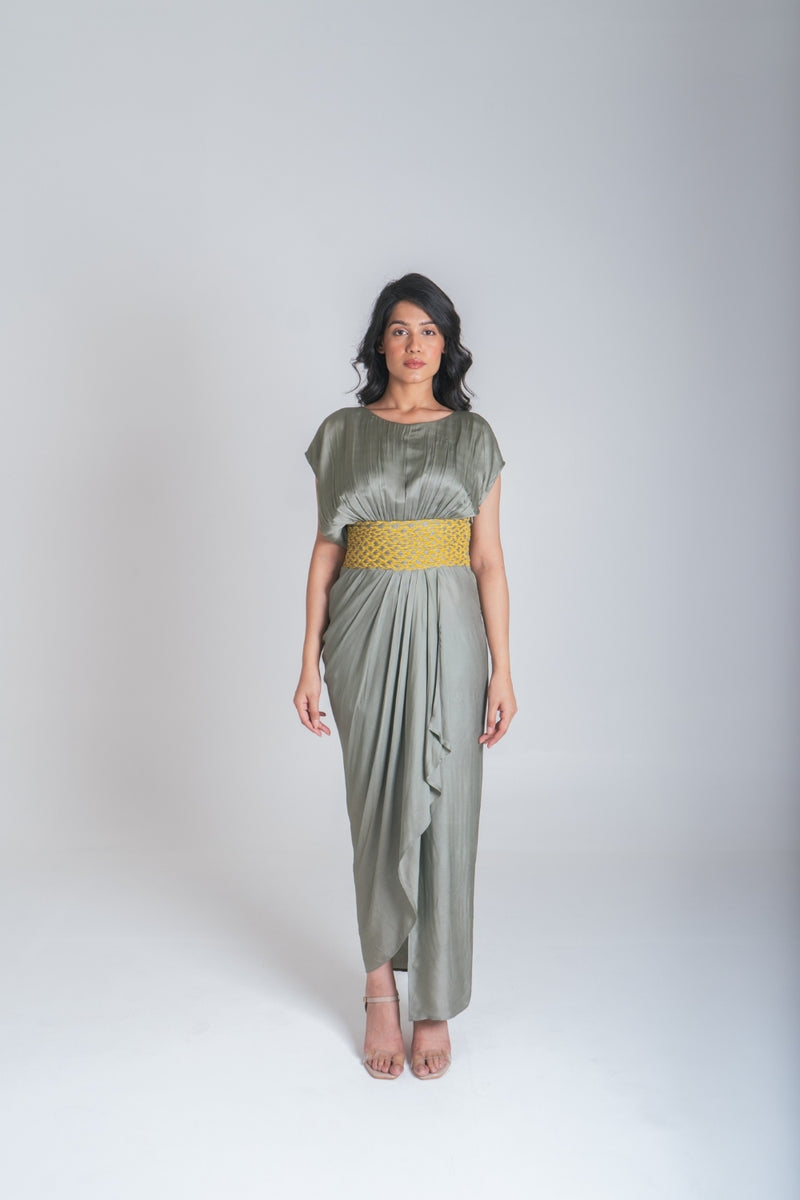 Neora by Nehal Chopra Green-Yellow Braided Cocktail Gown