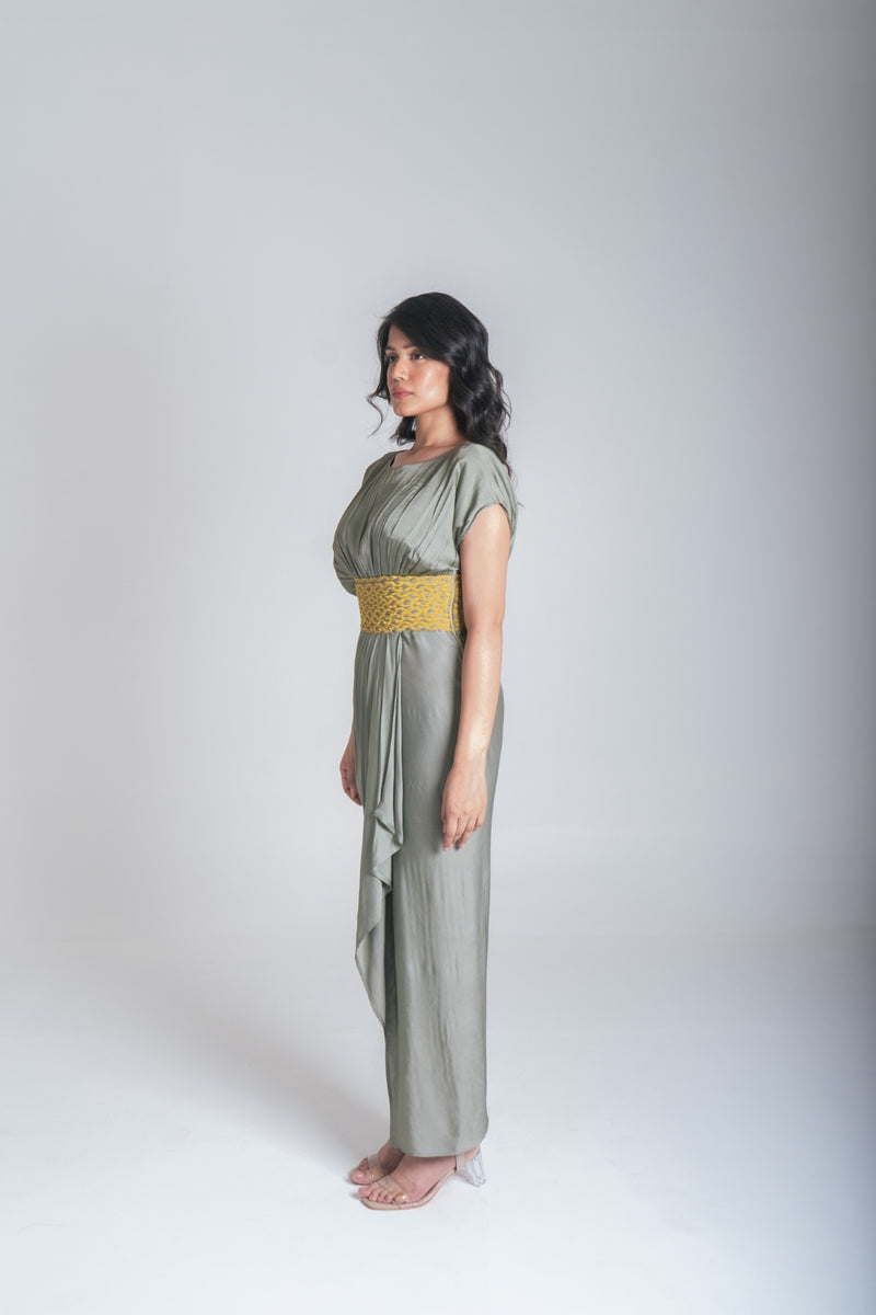 Neora by Nehal Chopra Green-Yellow Braided Cocktail Gown