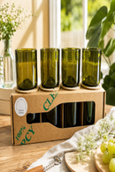 O.U.A.T. Olive Upcycled Drinking Glasses - Set of 4 | 250 ml Each | Handcrafted from Reclaimed Olive Wine Bottles | Includes Natural Cork Coasters