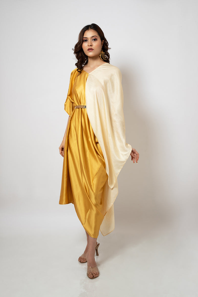 Emotive Fashion Women's Asymmetrical Yellow Off White One Shoulder Dress - Zero Waste Collection