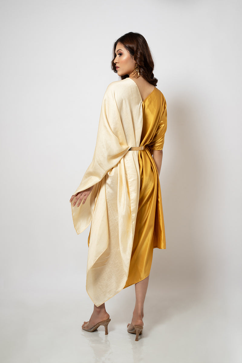 Emotive Fashion Women's Asymmetrical Yellow Off White One Shoulder Dress - Zero Waste Collection