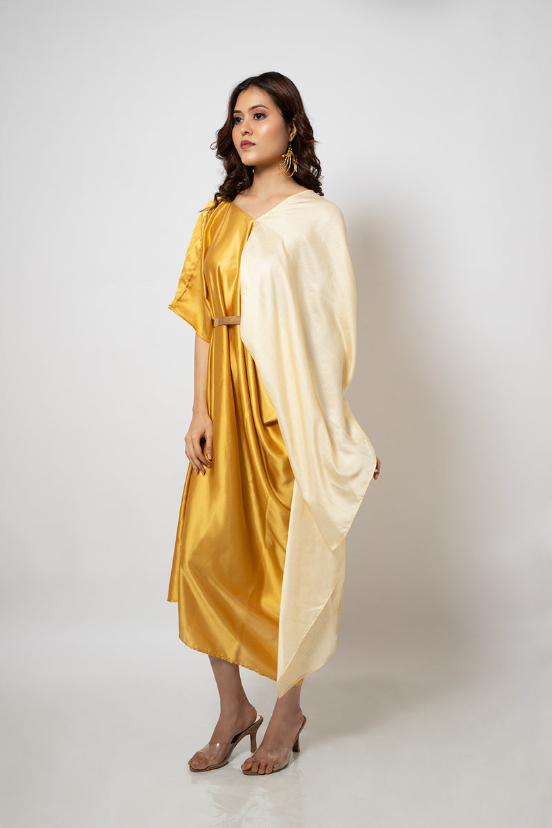 Emotive Fashion Women's Asymmetrical Yellow Off White One Shoulder Dress - Zero Waste Collection