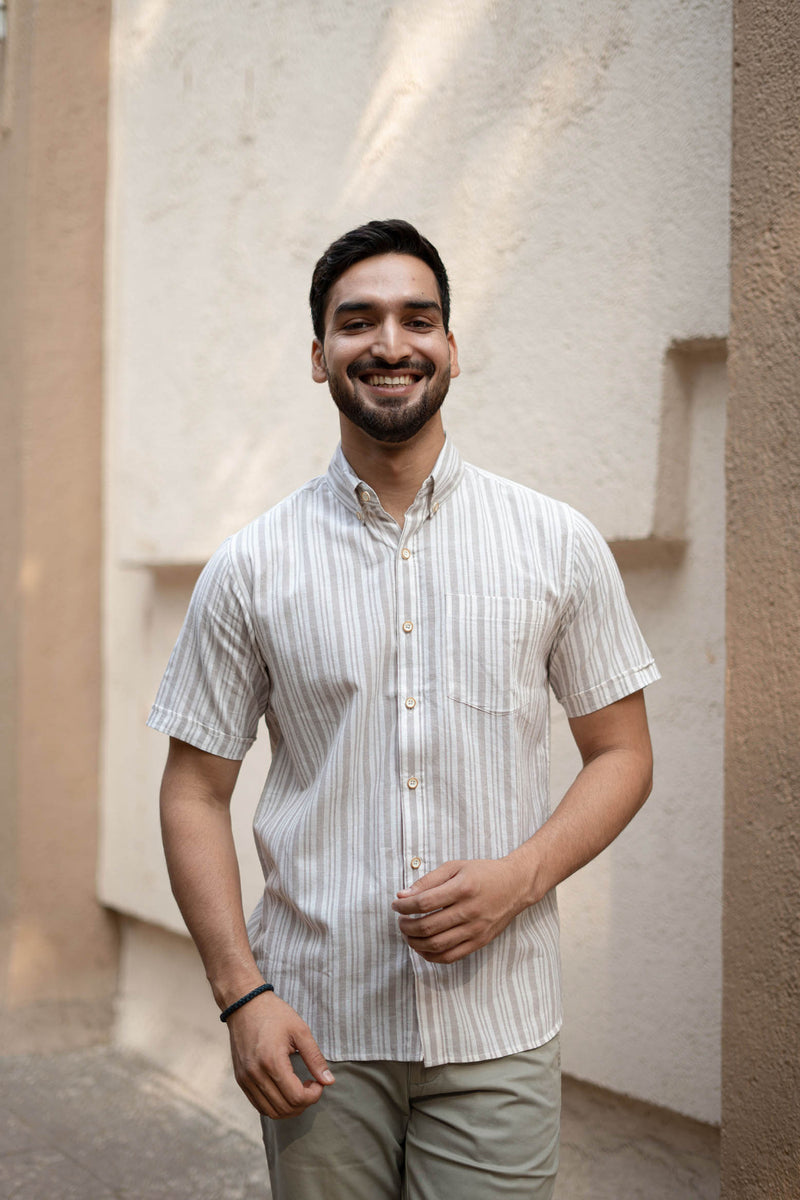 Earthy Route Off White Stripes · Button Down Collar · Half Sleeve Shirt