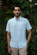 Earthy Route Aqua Blue Stripes · Button Down Collar · Half Sleeve Shirt