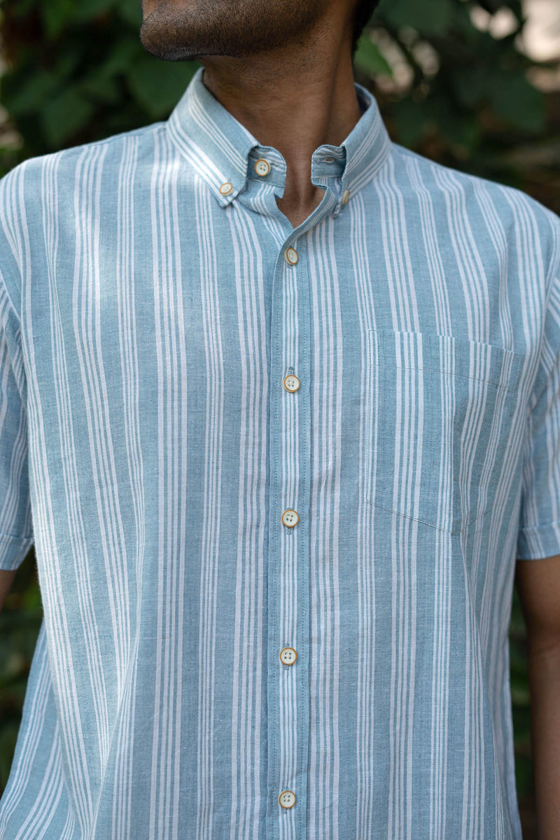 Earthy Route Aqua Blue Stripes · Button Down Collar · Half Sleeve Shirt