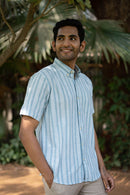 Earthy Route Aqua Blue Stripes · Button Down Collar · Half Sleeve Shirt