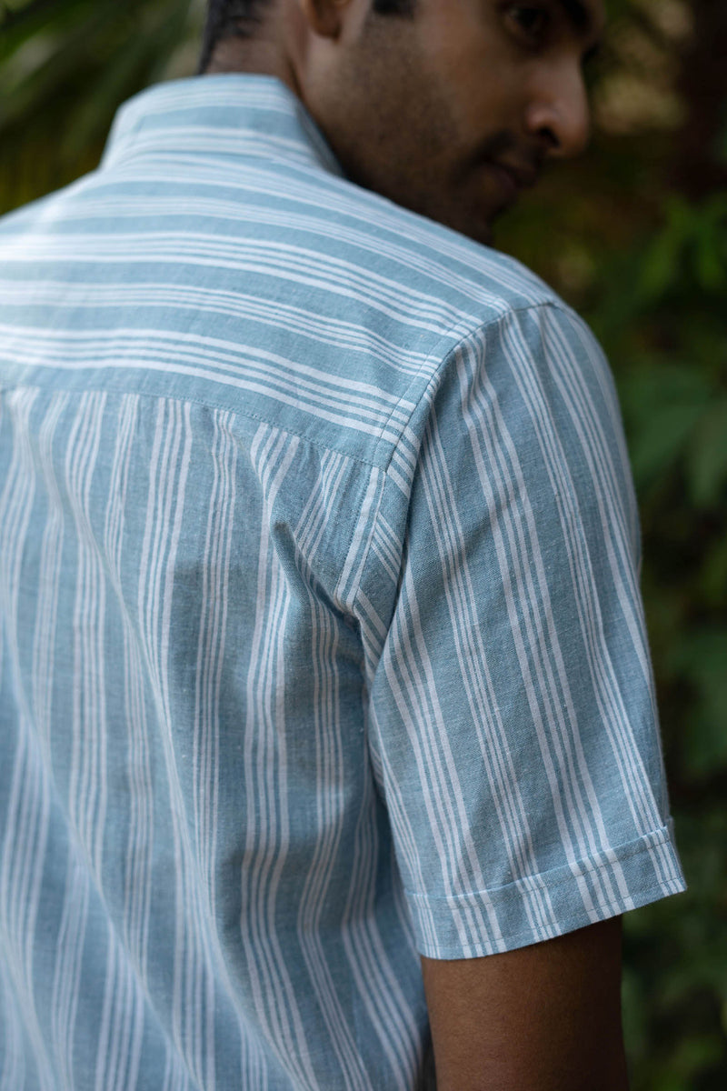 Earthy Route Aqua Blue Stripes · Button Down Collar · Half Sleeve Shirt