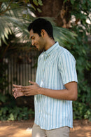 Earthy Route Aqua Blue Stripes · Button Down Collar · Half Sleeve Shirt