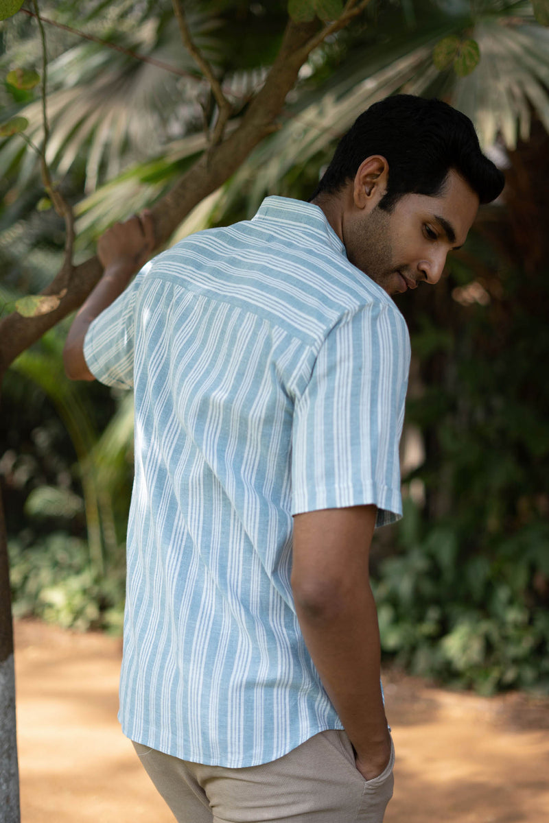 Earthy Route Aqua Blue Stripes · Button Down Collar · Half Sleeve Shirt