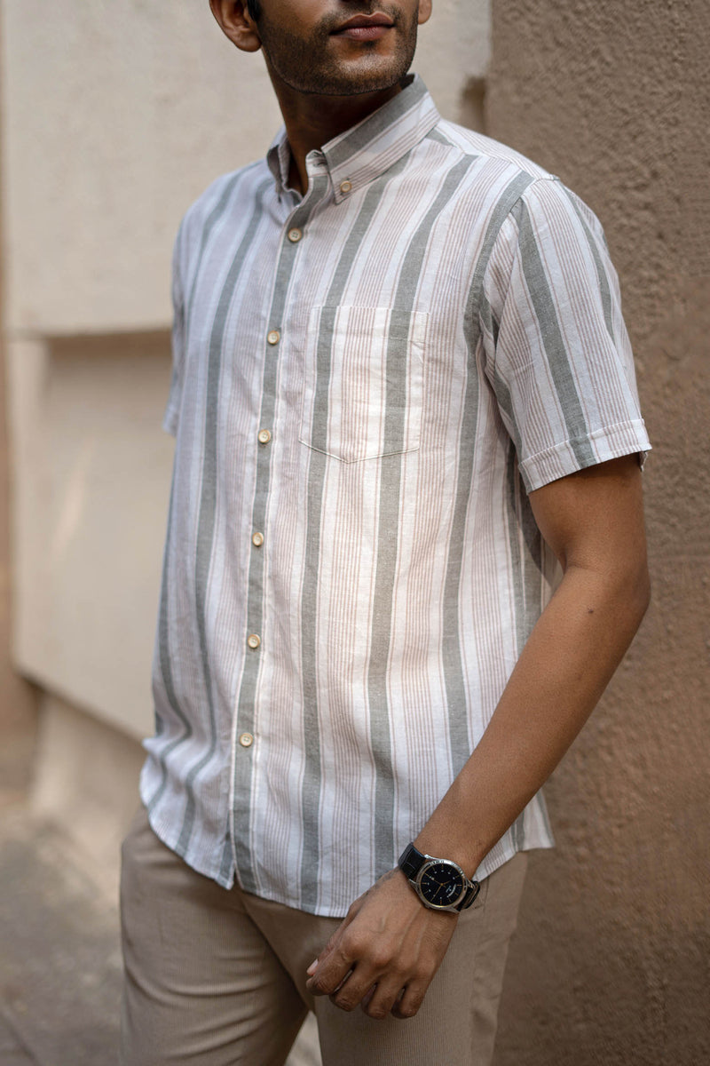 Earthy Route Pink and Green Stripes · Button Down Collar · Half Sleeve Shirt
