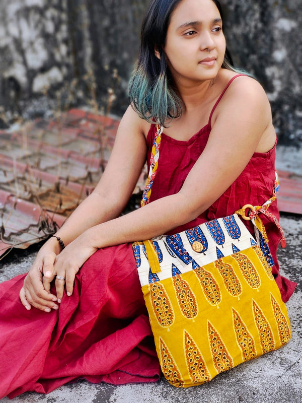 Almitra Sustainables Yellow & Off-White Hand Block Printed Braided Ethnic Sling Bags