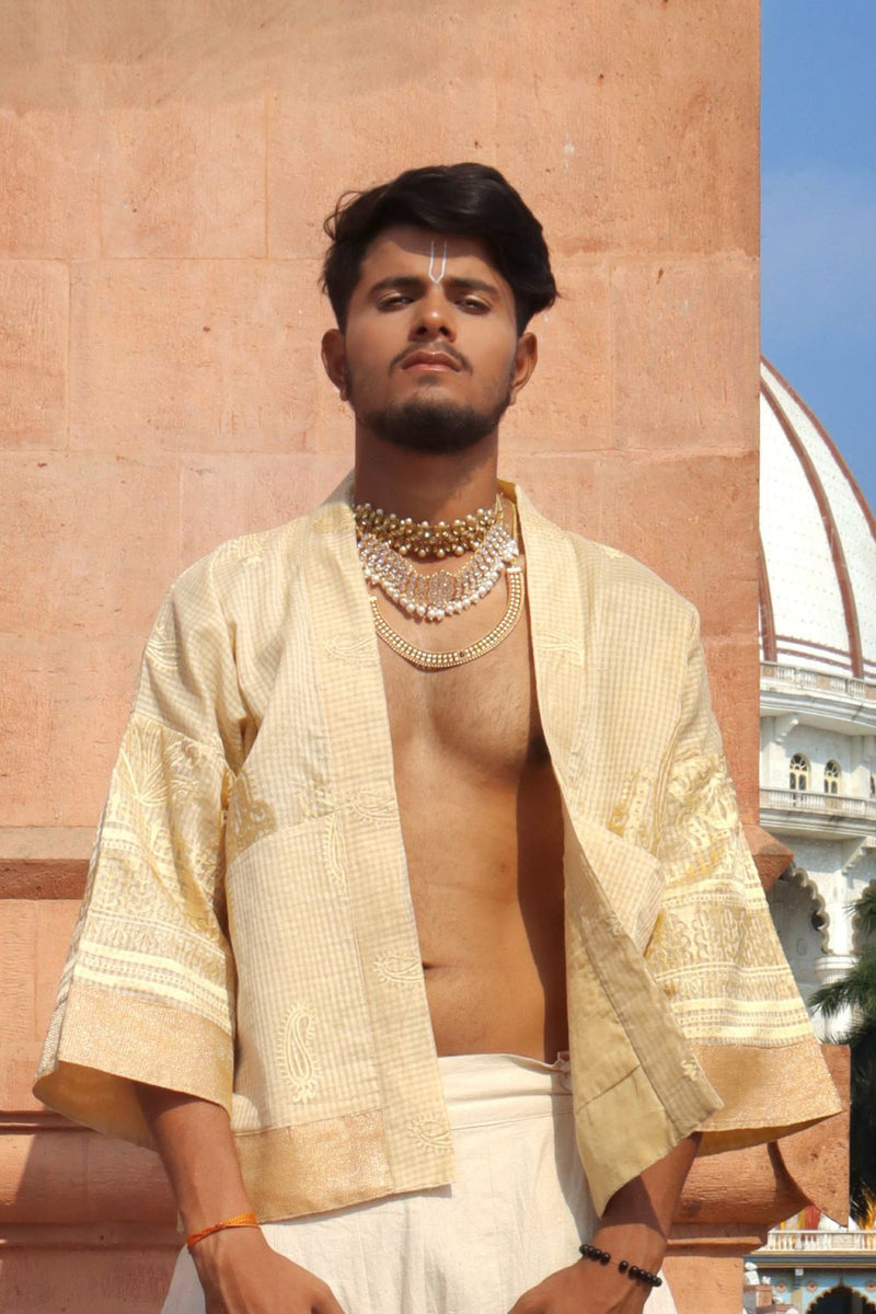 Asian In Me | Crafted from pre-loved handwoven saree | Unisex Cream-golden Kimono Jacket| Yoru-kimono