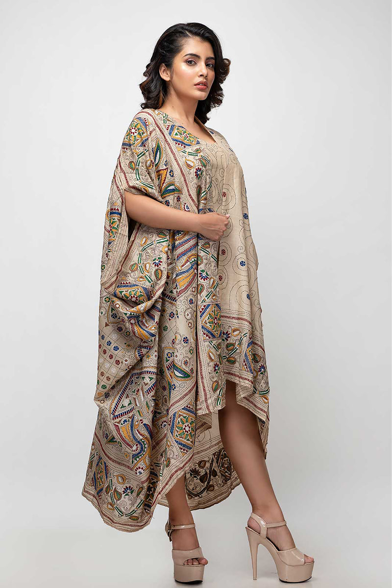 Sepia Stories Imprimir Silk Dress in Beige