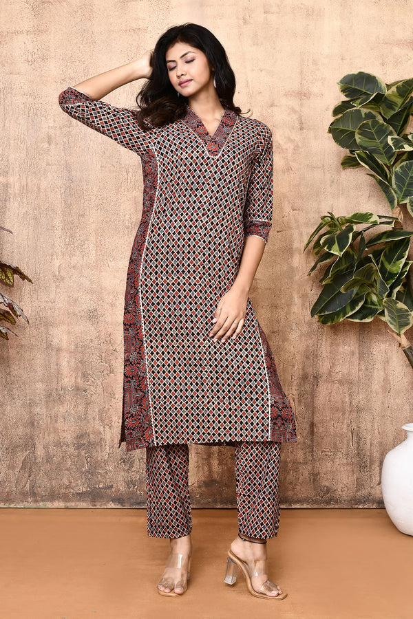 Expressions By UV Iris Black Ajrakh Cotton Kurta Set