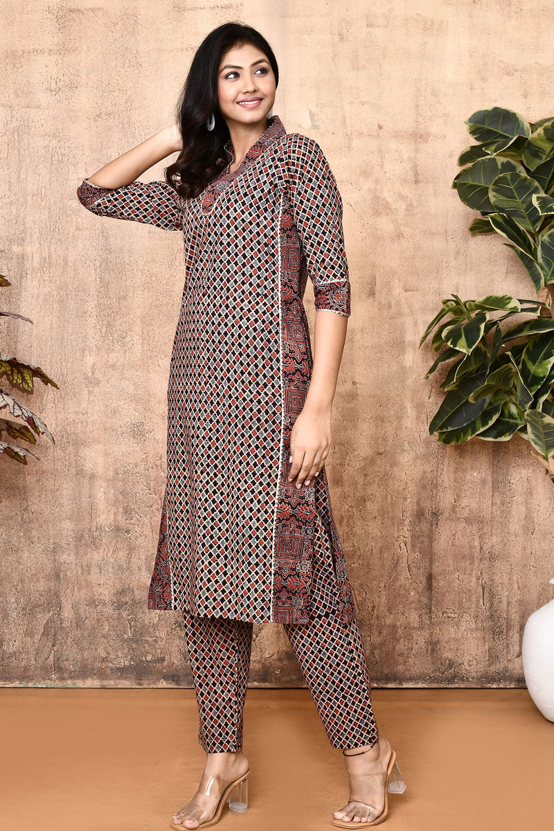 Expressions By UV Iris Black Ajrakh Cotton Kurta Set