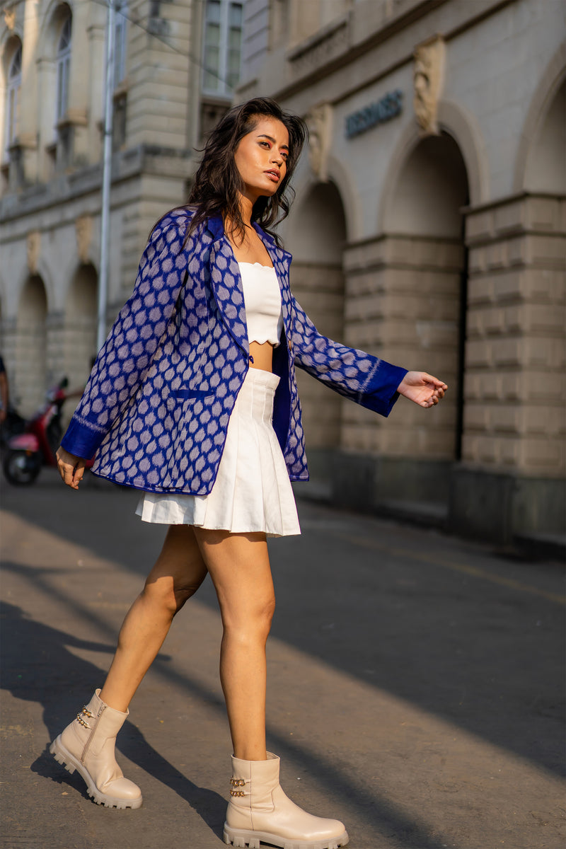 Krushnachuda Royal Blue Ikat Blazer With Back Wrap