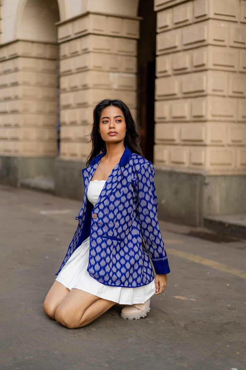 Krushnachuda Royal Blue Ikat Blazer With Back Wrap